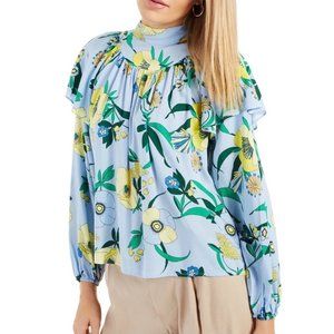 New INC Floral Ruffle Overlay Long Sleeve Tie Neck Blouse Blue Yellow Size XL